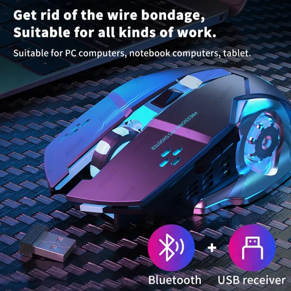 Ratón inalámbrico AIEACH con Bluetooth para videojuegos, recargable, USB, mecánico, e-sports, retroiluminación, PC - Imagen 2