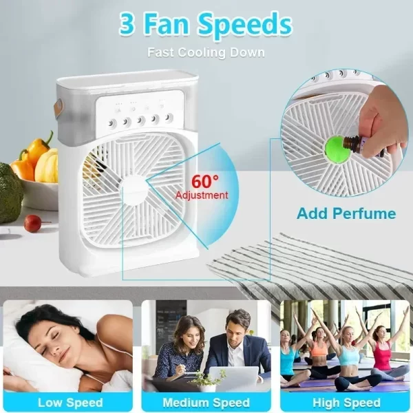 Ventilador  3 en 1 para el hogar, Enfriador de aire pequeño con luz LED nocturna, Humidificador portátil, ventilador de ajuste de aire para oficina y hogar, nuevo - Imagen 5