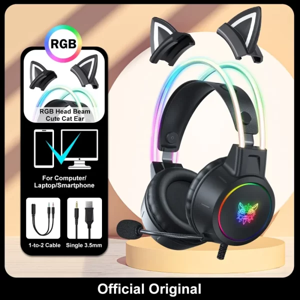 ONIKUMA-auriculares X15 Pro para videojuegos, cascos por encima de la oreja con cancelación de cable, orejas de gato rosas, luz Rgb con micrófono para PC y PS4 - Imagen 2