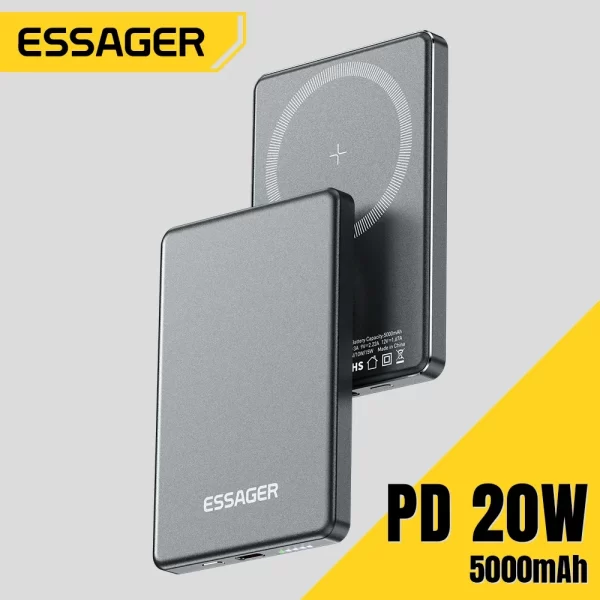 Banco de energía inalámbrico Essager  fino magnético, 20W, 5000mAh, batería externa portátil de carga rápida para Magsafe para iPhone 15 14 13 12