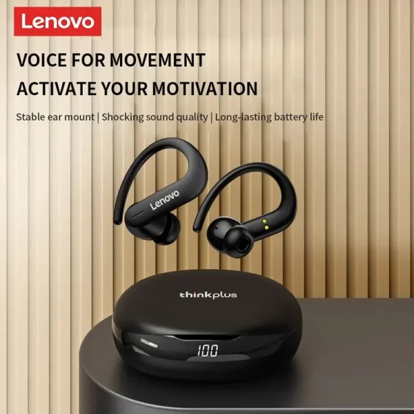 Auriculares Lenovo inalámbricos T50 con Bluetooth 5,2, audífonos deportivos con gancho para la oreja, resistentes al agua, con micrófono y reducción de ruido para juegos - Imagen 2