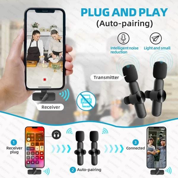 Micrófono Lavalier inalámbrico portátil, minimicrófono de grabación de Audio y vídeo para iPhone, teléfono Android, transmisión en vivo, para juegos - Imagen 2