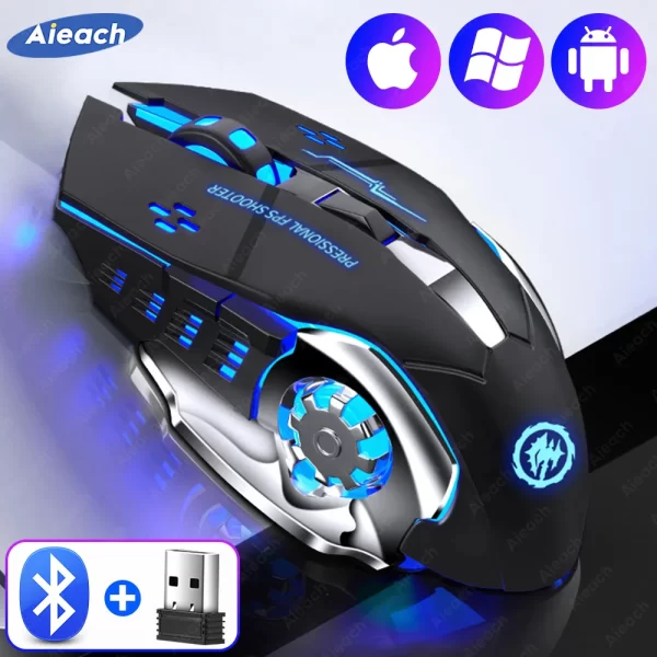 Ratón inalámbrico AIEACH con Bluetooth para videojuegos, recargable, USB, mecánico, e-sports, retroiluminación, PC