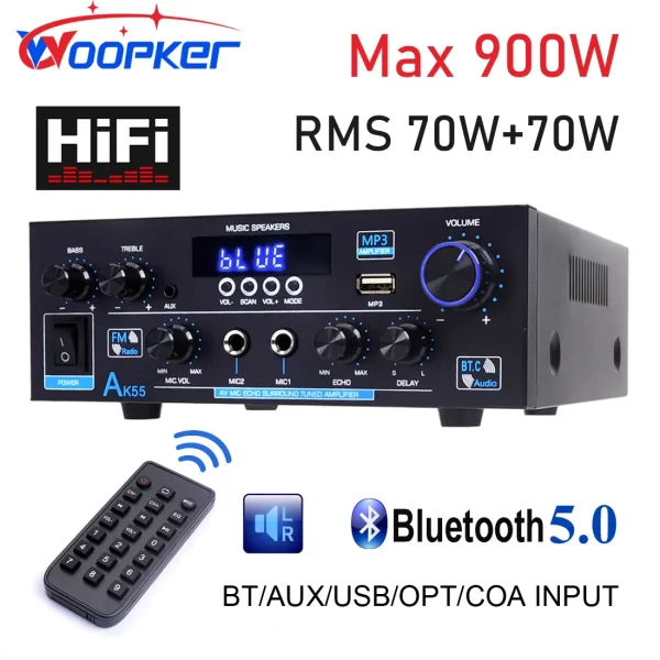 }AMPLIFICADOR Woopker AK55 de 900W, reproductor de música de Karaoke con 2,0 V, 110V y 12V, máx., 220 canales nominal de 70W + 70W, Bluetooth, Audio Hifi - Imagen 2