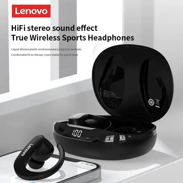 Auriculares Lenovo inalámbricos T50 con Bluetooth 5,2, audífonos deportivos con gancho para la oreja, resistentes al agua, con micrófono y reducción de ruido para juegos - Imagen 3